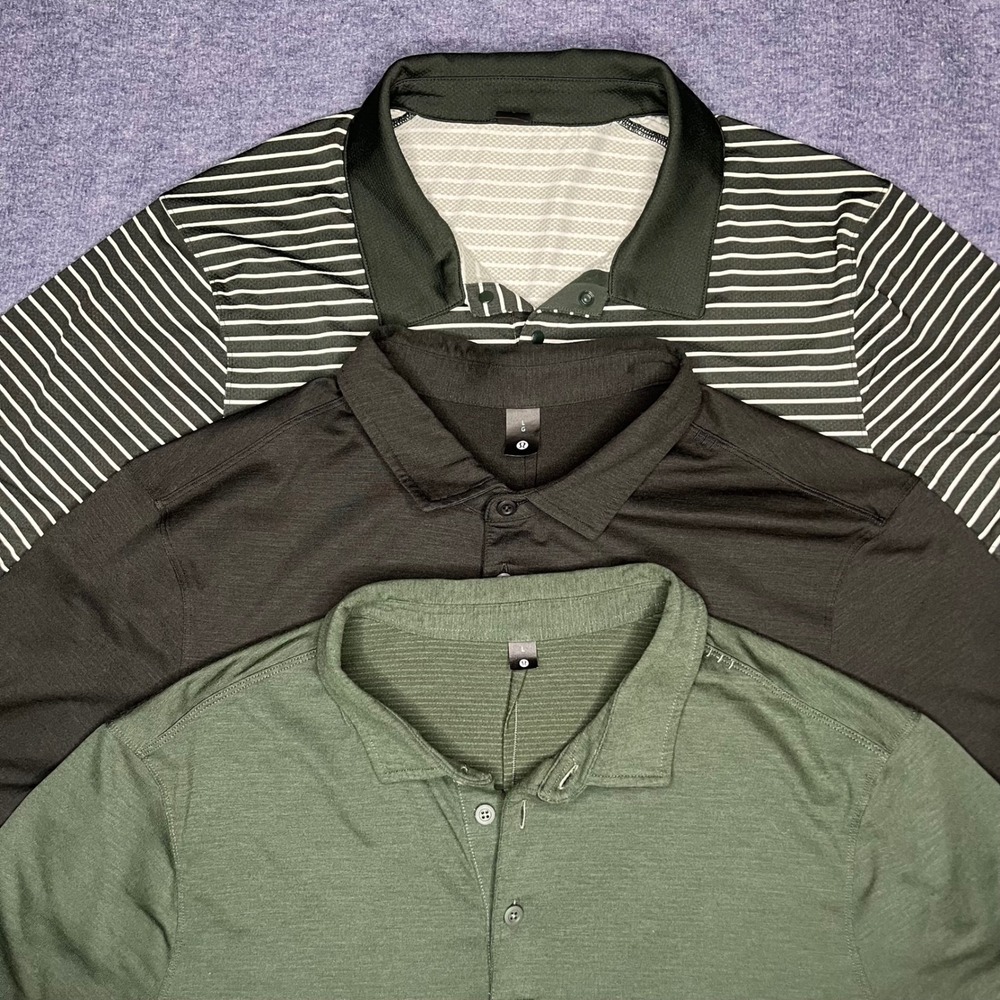 Lululemon Mens Metal Vent Tech Polo Shirt Bundle Black Green Striped Size Large